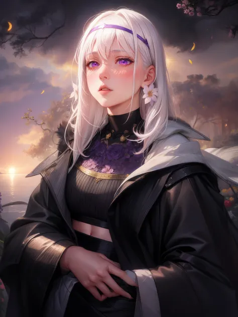 realistic, 1girl, white hair, purple eyes, glowing eyes, crop top, skirt, parted lips, blush, night, flowers, sun, sunlight,