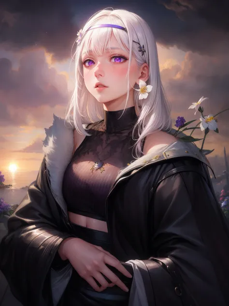 realistic, 1girl, white hair, purple eyes, glowing eyes, crop top, skirt, parted lips, blush, night, flowers, sun, sunlight,