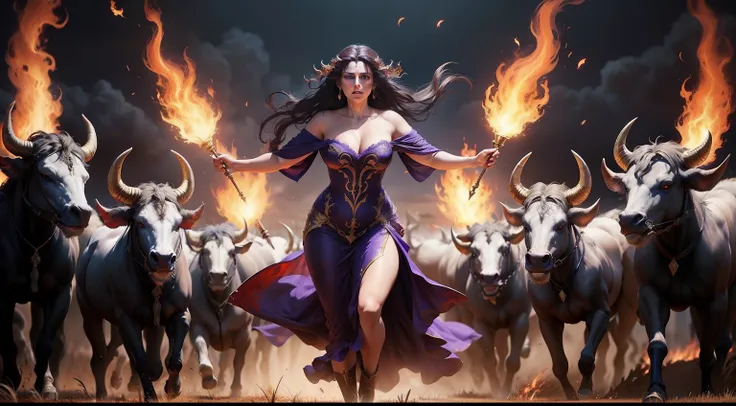 Medea conjures a team of fiery bulls to plow the field with a magical intensity.