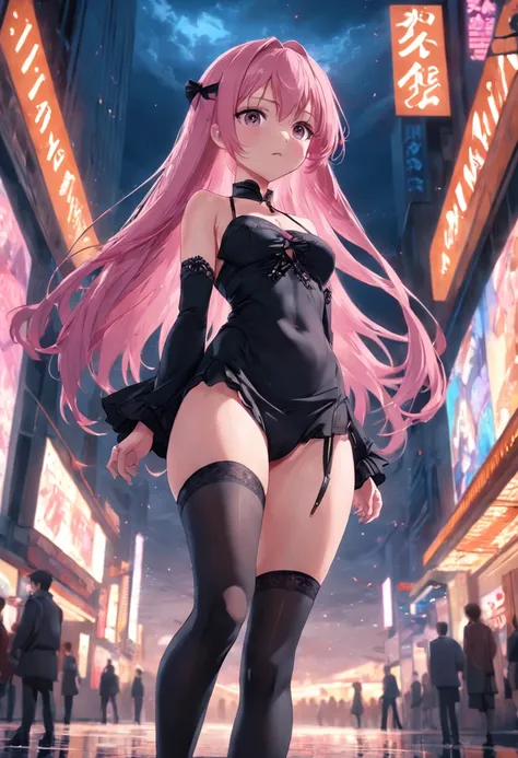 masterpiece, best quality, realistic, 1girl, pink hair, big ass, realistic legs, black lingerie, stockings, stilettos, in full growth