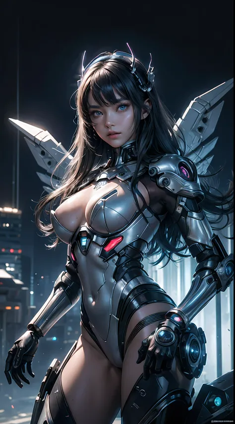 topquality、tmasterpiece、超High resolution、(photorealestic:1.4)、RAW photo、Battle of the Cyborg Angel、Detailed hands,Large wings made of metal、White porcelain case、Acrylic transparent cover、gray hairs、Glowy skin、1 cyborg girl、((Super realistic details))、portl...