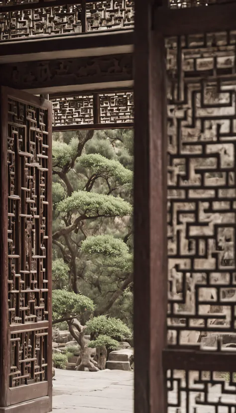 Open doors，Open doors，A big door，In-door perspective，Ancient Chinese doors and windows，In an old Chinese house，The house is empty，Indoor view，Very tall and big door，The windows are brown，Head-up windows