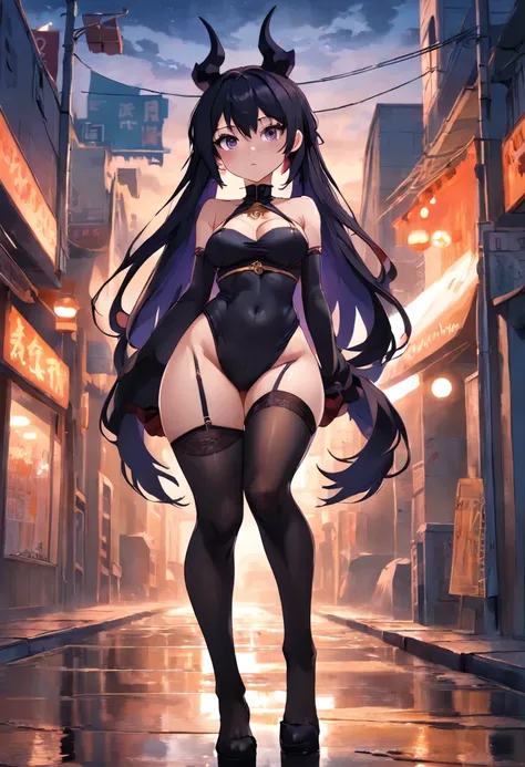 Pixel-Silverville 1 girl, Stockings, black stockings, demonic horns, Street, Sunset, Masterpiece, Best Quality, camel toe, , Erotic, facing the viewer