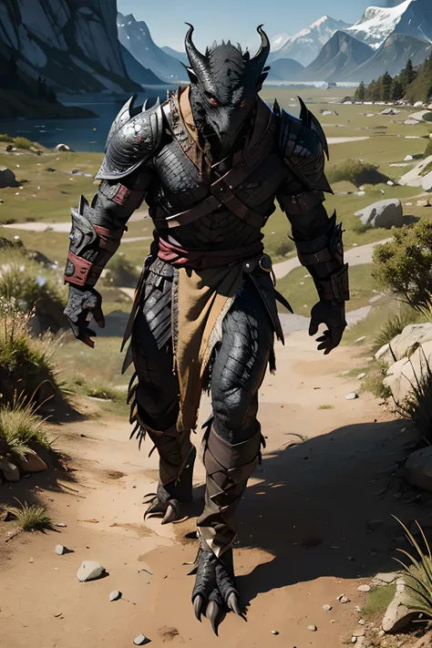 [black] dragonborn, in a valley, no armor, battle axe in hand