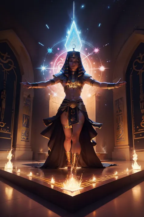 One person, Solemn Godanubis in front of the altar with the Egyptian group, um redemoinho intenso de fogo, radiante aura, poderosa magia, Dancing sparks, energia de magia astral vibrante, surrounded by mysterious Egyptian symbols.