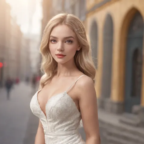 (Professional 3D Rendering: 1.3) af (Realistic: 1.3) The most beautiful artwork photo in the world, Russian blonde model, TV presenter, white dress, beautiful legs, tight dress, beautiful hair, lipstick, perfect skin, walking on the street, autumn, ultra r...