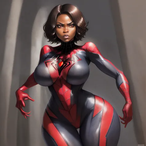 spiderwoman  , adult African Amazonian woman, short woman, beautiful,  brunette, short hair, straight hair, medium breasts, large thighs, thick big ass, serious stunning face, with skintight