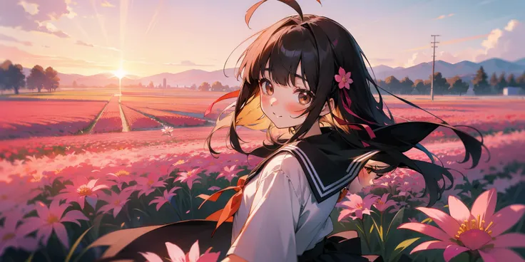 1girl, solo, brown eyes, disheveled hair, day, in spring, sunset, flower field, long hair, black hair, ahoge, bangs, blunt bangs, hair between eyes, hair ribbon, sailor collar, shorts under skirt, sailor shirt, sailor suite, serafuku, hair_ribbon, no hairb...