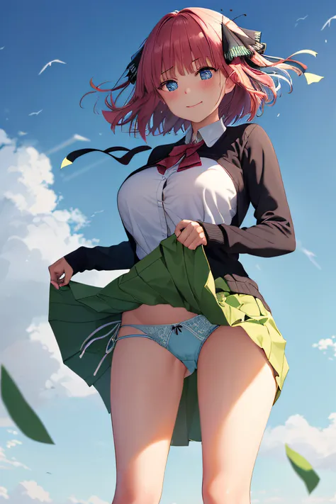 ​masterpiece, top-quality, Hi-Res, nn1, 1girl, Hair Ribbon, short-hair, Green skirt, white  shirt, Black cardigan, Open clothes, long-sleeve, shiny oily skin with high contrast,, huge long breasts, Naughty big、Big breasts emphasis、Light blue underpants、(wi...