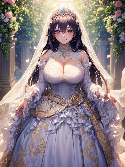 (masterpiece, best quality,anime art style:1.2),1girl, (solo), cute, kawaii,digital art,((1 fantasy princess wearing beautiful embroidery and jeweled gorgeous wedding dress with voluminous full length hoop skirt)),crinoline,((voluminous frills)),gorgeous e...