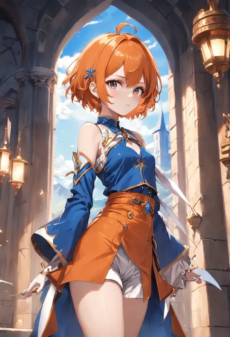 Short orange hair，Blue eyes，Western fantasy，magia，Castle fantasy，Blue and white clothes，Good-looking legs，Ultra photo realsisim, Castle，hair adornments