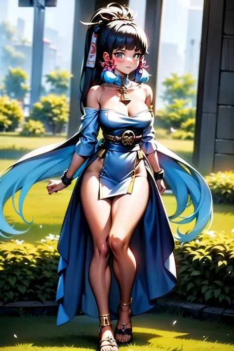 (Masterpiece - Illustrations - Detailed - Best Quality)) - Anime Style - Genshin Impact Style - 1 Woman - Full Body - Native Mexican - Aztec - Long Black Hair - Dark Brown Skin - Stunning Look - Traditional Mexican Clothing - Mexican Skirt - ((Naked torso)...