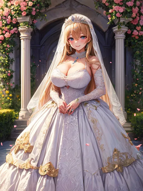 (masterpiece, best quality,moe anime art style:1.2),1girl, (solo), cute, kawaii,digital art,((1 fantasy princess wearing beautiful embroidery and jeweled gorgeous wedding dress with voluminous full length hoop skirt)),crinoline,((voluminous frills)),gorgeo...