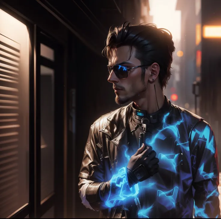 Background change cyberpunk handsome realistic,8k, realistic face wearing sunglass and have a gun on hand