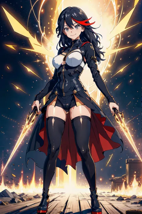 Anime, flying through the sky with black angel wings, golden leotard armor, In Battle, Chaos, shooting laser beams from hands, masterpiece ,pantyhose, boots,magicagirl body suit, large skirt, smile, long skirt,standing,smile forest,matoi ryuuko, pants, ves...