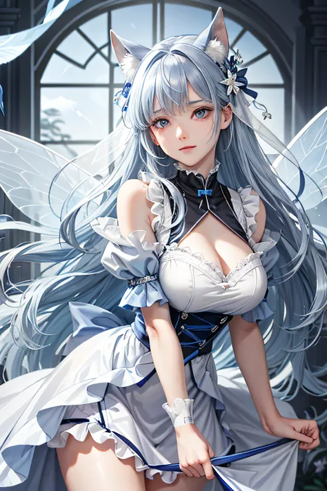 (Face focus)、(1womanl、独奏、Crystal clear white skin、Beautiful fece)、(blue hairs、Gray hair at the ends of the hair、Blue eyes、Elegant smile)、Horse Ears、Morning glory fairy、Blue ruffled skirt and dress、Fairy wings、Morning glory blooms、White underwear、Miniskirt、...