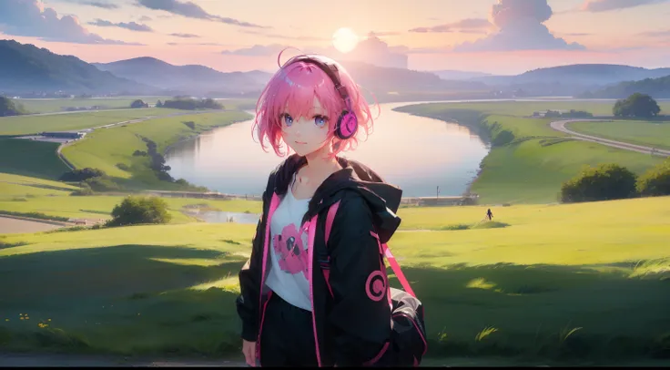 ​masterpiece、top-quality、Movie stills、1girl in、pink shorth hair、Pink eyes、headphones、Black jacket、with light glowing、Happiness、Warm and soft lighting、kawaii、homeliness、Large grasslands、the setting sun、(Spark:0.7)