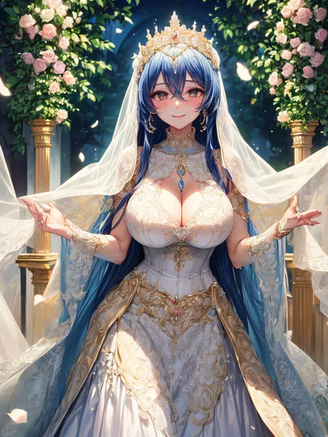 (masterpiece, best quality,moe anime art style:1.2),1girl, (solo), cute, kawaii,digital art,((1 fantasy princess wearing beautiful embroidery and jeweled gorgeous wedding dress with voluminous full length hoop skirt)),crinoline,((voluminous frills)),gorgeo...