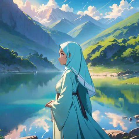 In an Anime-inspired universe, a closeup of a Hijabi woman wearing a Khimar and Djellaba is set against the backdrop of a serene mountain lake. Reflecting the azure sky, the waters create a tranquil mirror. Amidst this idyllic scene, her unadorned features...