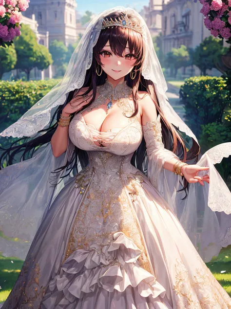 (masterpiece, best quality,moe anime art style:1.2),1girl, (solo), cute, kawaii,digital art,((1 fantasy princess wearing beautiful embroidery and jeweled gorgeous wedding dress with voluminous full length hoop skirt)),crinoline,((voluminous frills)),gorgeo...