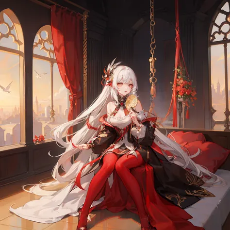 Woman with long straight white hair, half gathered, half loose, white face, red lips, red patterns on her face, in black outfit, with a feather fan in her hands, tired sad look, sitting on swing, against the background of a golden sunset