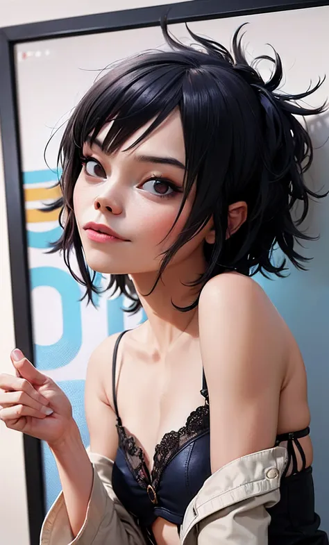 (masterpiece, best quality:1.2), noodle (gorillaz), black hair, 1girl, streaked hair, black eyes, multicolored hair, bangs, parted lips, breasts, small breasts, bob cut, 1girl, 1boy, giving handjob, handjob, dick, White background, masterpiece, best qualit...