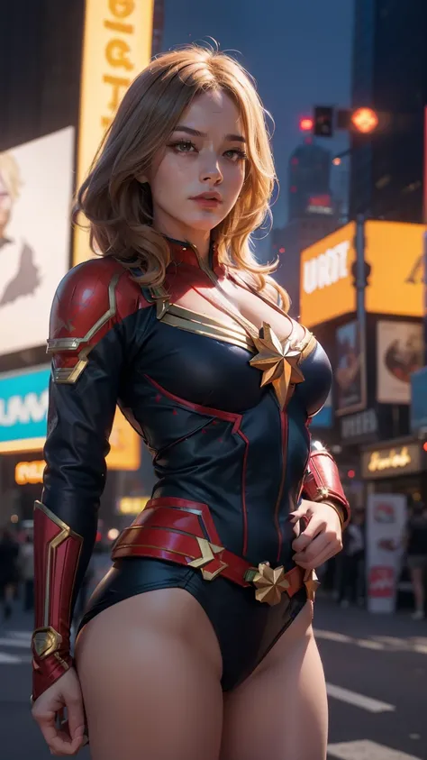 new york city, time square, Womens body set big breasts，Captain Marvel costume dress，cleavage，bare chest，underwear exposed，dont wear panties，ass, (Best Quality: 1.0), (Ultra Highres): 1.0) , highly detailed face and eyes, (photorealistic: 1.2)