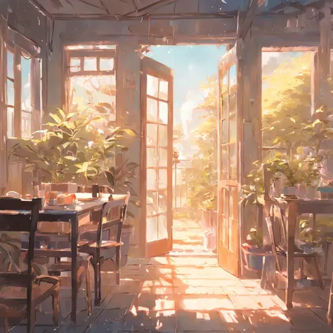 (((𝓡𝓸𝓶𝓪𝓷𝓽𝓲𝓬))), Gentle painting style, tall house, The barefoot, Relaxed, Summer sun, A fresh breeze