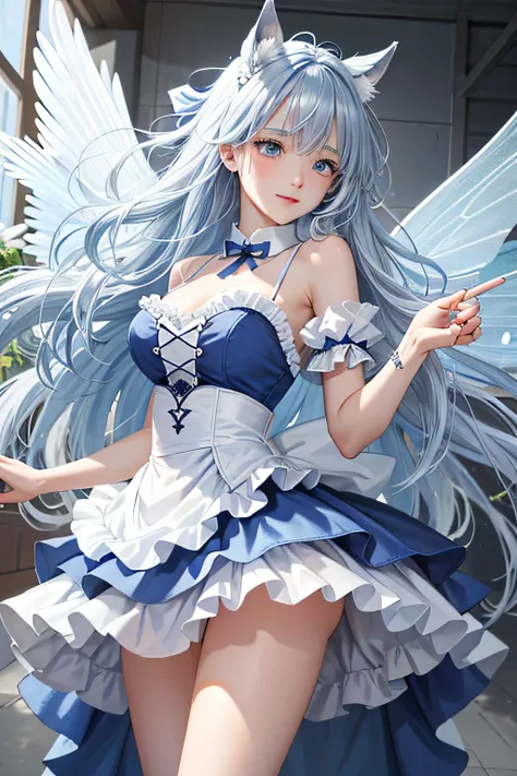 (Face focus)、(1womanl、独奏、Crystal clear white skin、Beautiful fece)、(blue hairs、Gray hair at the ends of the hair、Blue eyes、Elegant smile)、Horse Ears、Morning glory fairy、Blue ruffled skirt and dress、Fairy wings、Morning glory blooms、White underwear、Miniskirt、...