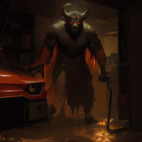 Theres a man with a horned head standing in a garage, Wojtek FUS, arte conceitual escura fotorrealista, minotaur from path of exile, villain wearing a red oni mask, Tiefling, Minotauro, um lobo Minotauroo, a criatura vende um carro usado, fat ripped satani...