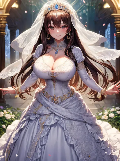 (masterpiece, best quality,moe anime art style:1.2),1girl, (solo), cute, kawaii,digital art,((1 fantasy princess wearing beautiful embroidery and jeweled gorgeous wedding dress with voluminous full length hoop skirt)),crinoline,((voluminous frills)),gorgeo...