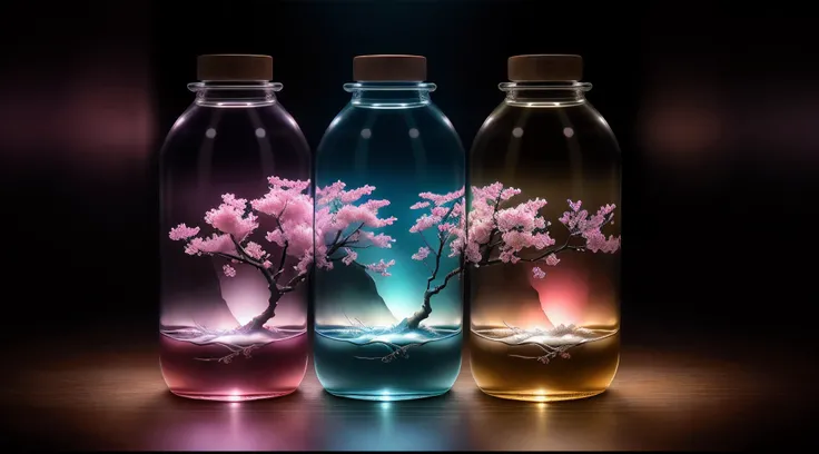 sakura tree in a bottle, fluffy, realistic, atmospheric light refraction, by lee jeffries nikon d850 film stock photograph 4 kodak portra 400 camera f1.6 lens rich colors hyper realistic lifelike texture dramatic lighting unreal engine trending on artstati...