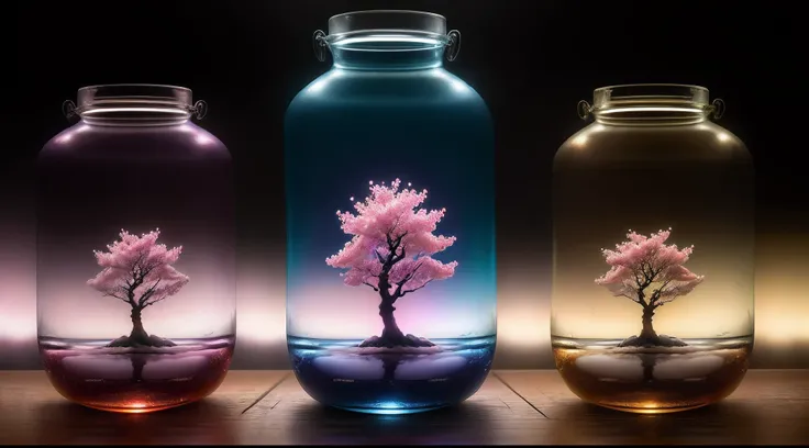 sakura tree in a bottle, fluffy, realistic, atmospheric light refraction, by lee jeffries nikon d850 film stock photograph 4 kodak portra 400 camera f1.6 lens rich colors hyper realistic lifelike texture dramatic lighting unreal engine trending on artstati...