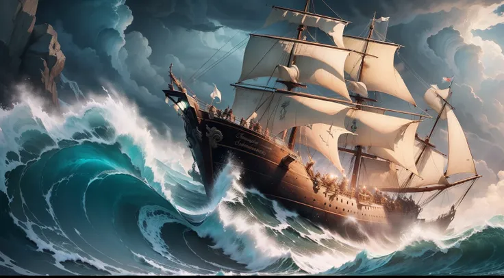 A stormy sea churns around the Argonauts ship as they bravely battle against the raging waves.