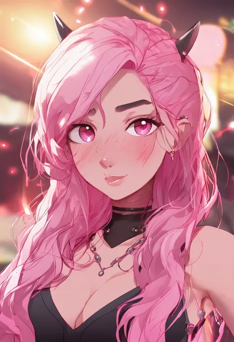 cute mature girl, (dark skin++), pointy elf ears, pink hair, pretty pink eyes, white ribbons on hair, big boobs, Plump lips, blush, pink top, cleavage, shiny skin, selfie, looking at viewer