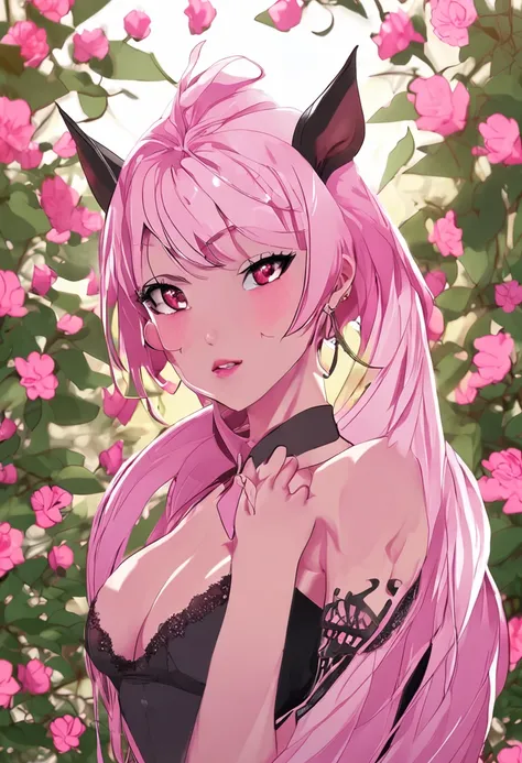 cute mature girl, (dark skin++), pointy elf ears, pink hair, pretty pink eyes, white ribbons on hair, big boobs, Plump lips, blush, pink top, cleavage, shiny skin, selfie, looking at viewer