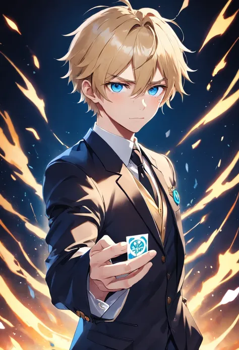 anime guy in a suit holding a small badge with a big letter v on it in his hand, tall anime guy with blue eyes, handsome anime pose, portrait of magical blond prince, beautiful androgynous prince, high quality fanart, key anime art, delicate androgynous pr...