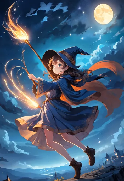 masterpiece, best quality, ultra-detailed, illustration, 1girl, solo, fantasy, flying, broom, night sky, outdoors, magic, spells, moon, stars, clouds, wind, hair, cape, hat, boots, broomstick, glowing, mysterious, enchanting, whimsical, playful, adventurou...