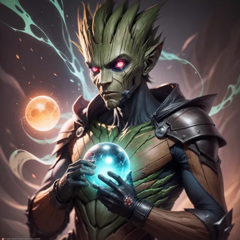 "Groot gigante de filigrana [metal:1.1|homem:0.8|machine:0.9|sombra:0.9] with a green orb core on the chest, manto, Metal mask, estilo dnd, horror (tema), deslumbrante, detalhes ultra-realistas, sombras profundas, Striking lighting in night scene, ambiente...