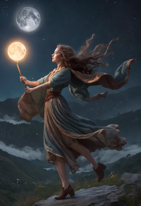 masterpiece, best quality, ultra-detailed, illustration, 1girl, solo, fantasy, flying, broom, night sky, outdoors, magic, spells, moon, stars, clouds, wind, hair, cape, hat, boots, broomstick, glowing, mysterious, enchanting, whimsical, playful, adventurou...