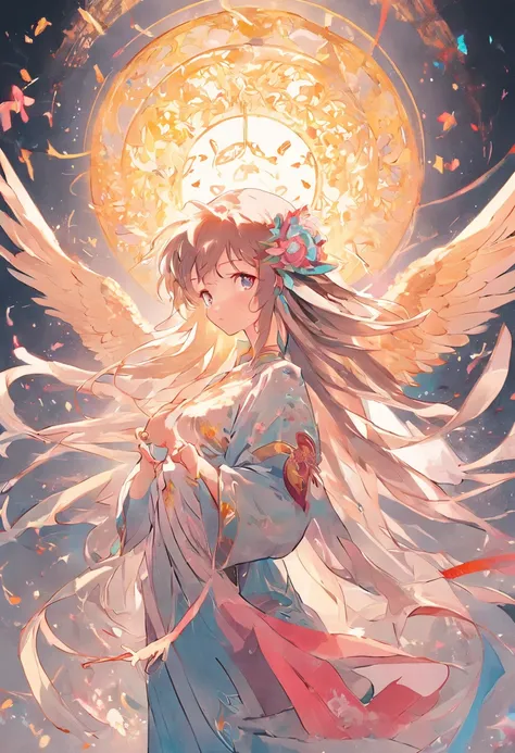 (Chinese illustration paper art gorgeous multicolored long-haired angel halo)+Clear lines on a white background+Quilted paper art design best 4K images+The is very detailed+Masterpiece-quality cinematic lighting effects