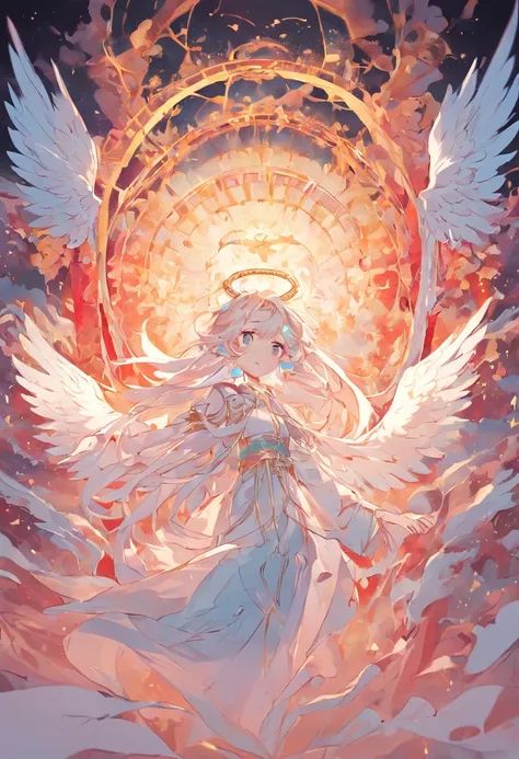 (Chinese illustration paper art gorgeous multicolored long-haired angel halo)+Clear lines on a white background+Quilted paper art design best 4K images+The is very detailed+Masterpiece-quality cinematic lighting effects