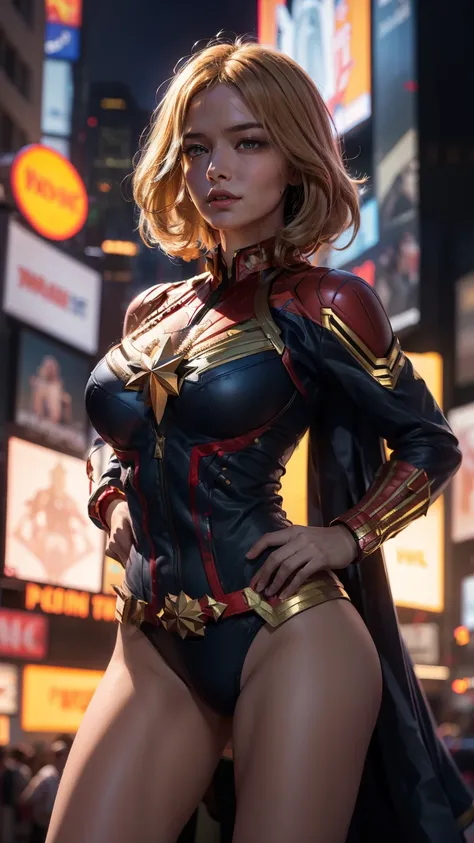 new york city, time square, Womens body set big breasts，Captain Marvel costume dress，cleavage，bare chest，exposed panties，dont wear panties，thighs, (Best Quality: 1.0), (Ultra Highres): 1.0) , highly detailed face and eyes, (photorealistic: 1.2)