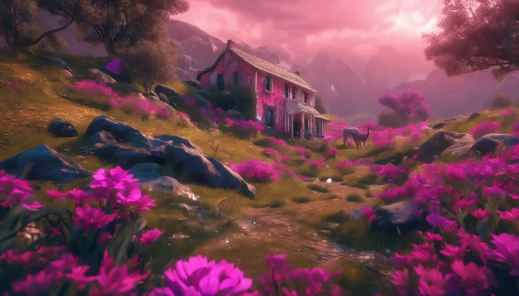 pinkish, Hyper detailed realistic landscape with cat theme, adorable, mystical, HD quality, masterpiece