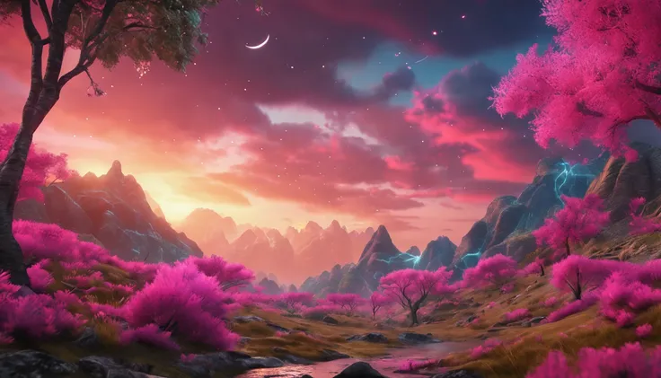 pinkish, Hyper detailed realistic landscape with cat theme, adorable, mystical, HD quality, masterpiece