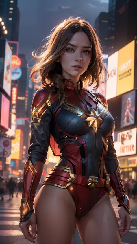 New York, time square, Female body defines big breasts，Captain Marvel costume dress，cleavage，naked chest，exposed panties，Dont wear panties，Thick thighs, (Best Quality: 1.0), (Ultra Highres): 1.0) , highly detailed face and eyes, (photorealistic: 1.2)