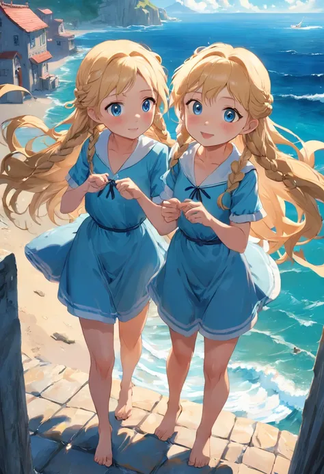 Por favor, Create an image that depicts a magical scene in a small seaside town. Na cena, there are two inseparable friends, Sofia and Marlene;. Sofia is a smart girl with blonde braids and wears a beautiful blue dress that stands out in the sea breeze. Sh...