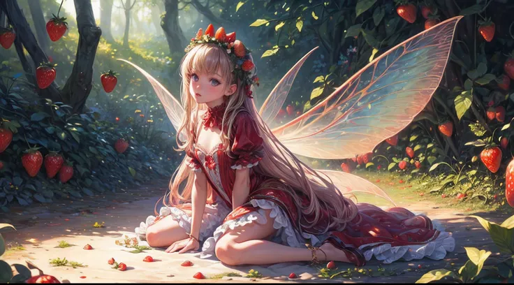 ( Absurd, High quality, ultra-detailed, masterpiece, concept art, smooth, highly detailed artwork, hyper-realistic painting ) , tiny little girl, strawberry girl, Strawberries, cute, whole body, Romantic, Vivid, dreamy, fantasy, fairy wings, in the forest,...