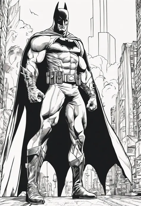 Generate a colorless comic book style image of the character named Batman in full body, de la cabeza a los pies, no body parts cut off or extending beyond the frame. The image must have a comic book style, and the physical characteristics and details of Ba...