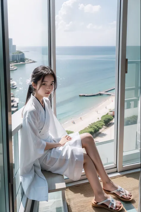 A teenager in a white Hanfu，Sitting on the window of the balcony，Beach sandals